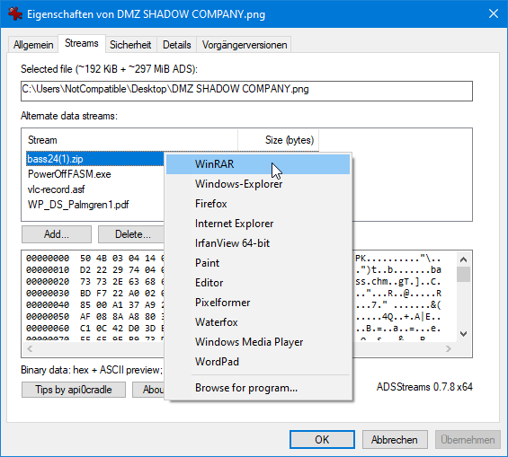 ADSStreams im Eigenschaftenfenster von Windows