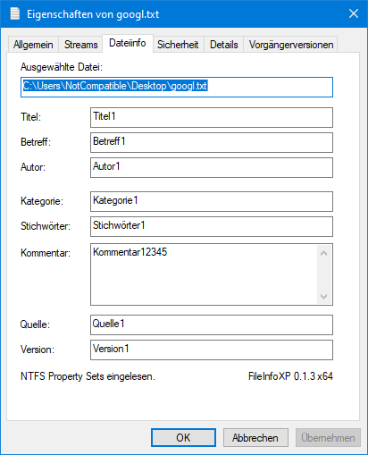 FileInfoXP im Eigenschaftenfenster von Windows